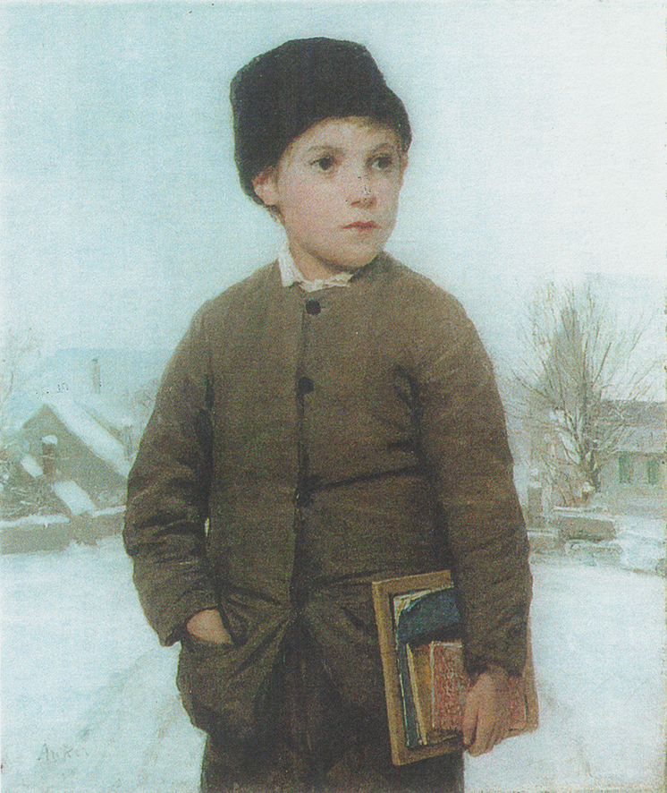 Peinture d'un garçon avec des livres par Albert Anker